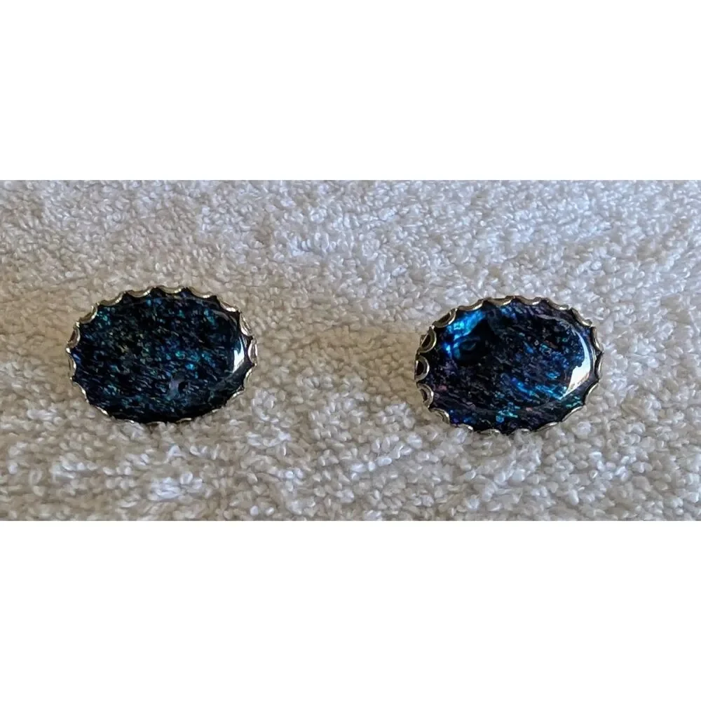 Lot of 2 Vintage Abalone Shell Cufflinks Silver Tone Oval Toggle Back